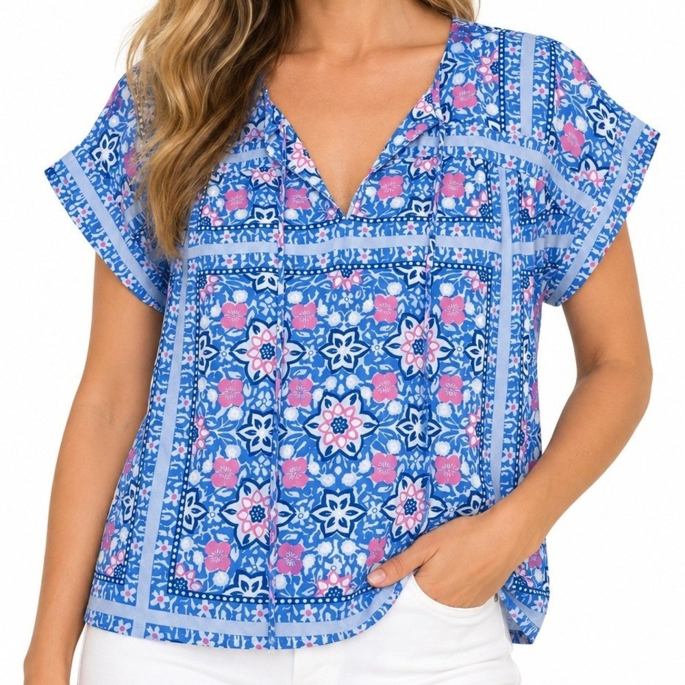 Vineyard Vines Top Womens XS Blue Floral Boho l V-Neck Blouse Preppy Geometric
